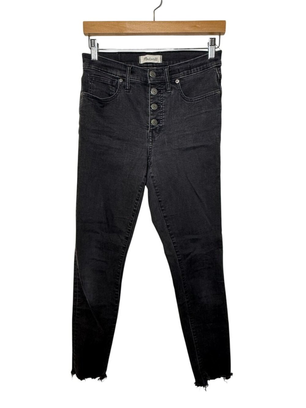 Madewell 28T Black Button Fly Skinny Jeans Raw Hem Faded Casual Edgy Grunge